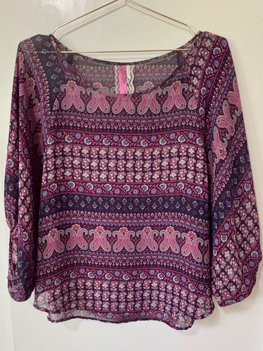 Cinnamon| VTG Boho Pink & Purple Sheer Lightweight Printed Peasant Blouse Sz M